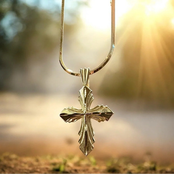 💛✨14K Yellow Gold Diamond-Cut Cross Slide Pendant Necklace - Picture 1 of 13